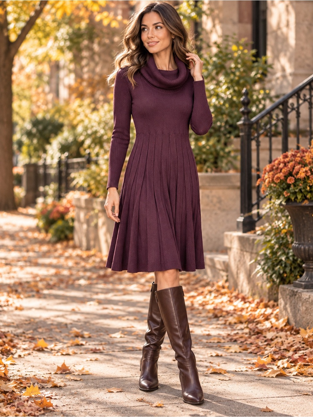 Calvin Klein Plum Cowl-Neck Long-Sleeve Knit Dress